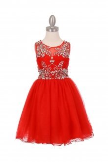 Red Sleeveless Tulle Junior Bridesmaid Dress with Exquisite Beading Design